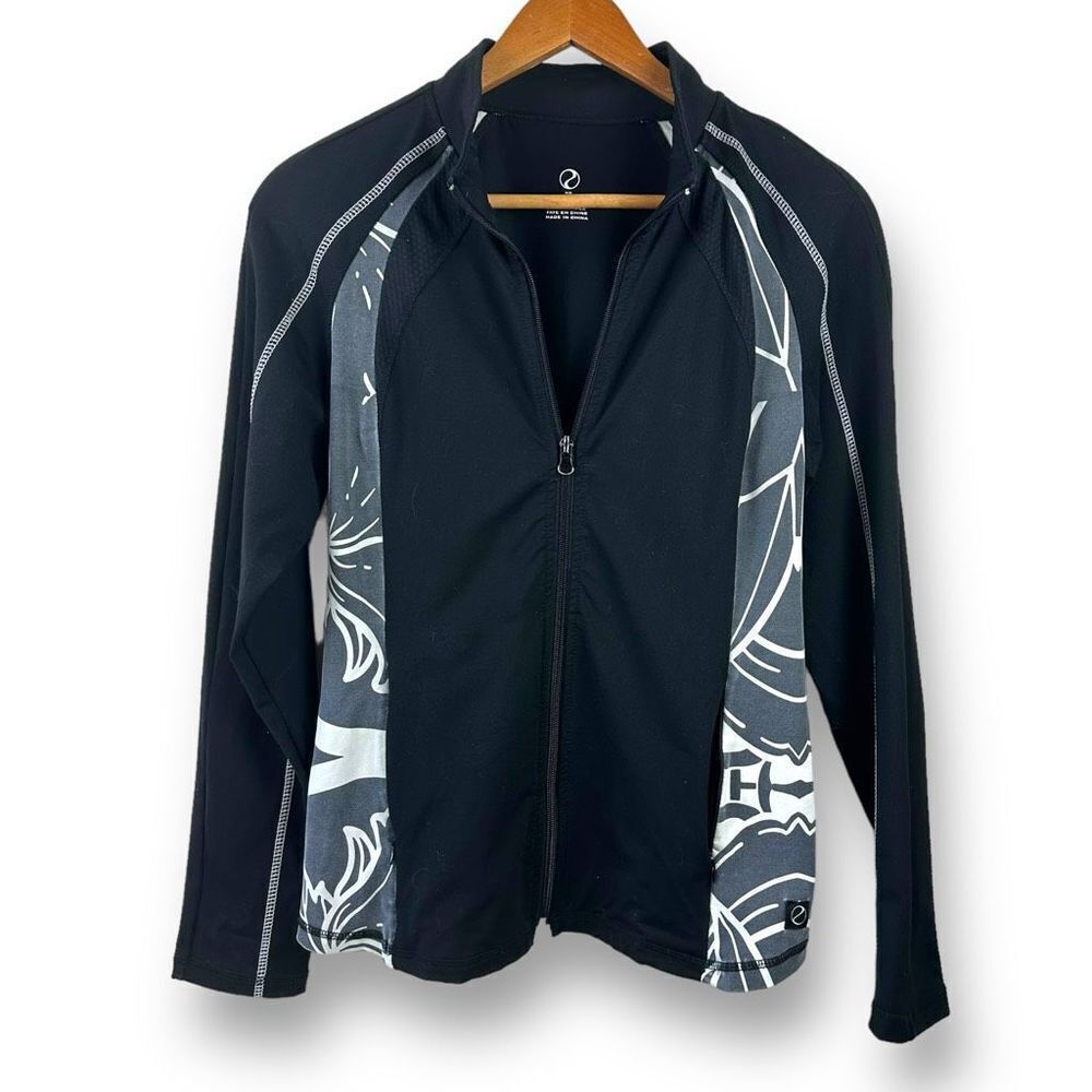 Zen 101 Women's M Full Zip Yoga Jacket Black Gray Tropical Floral Print Stretchy